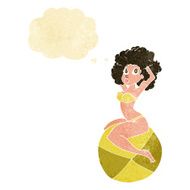 cartoon pin up girl sitting on ball with thought bubble