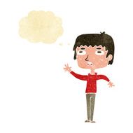 cartoon unhappy boy waving with thought bubble