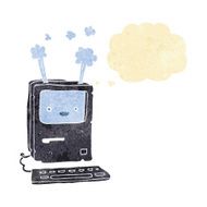 cartoon old computer with thought bubble N3