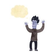 cartoon happy vampire man with thought bubble N4