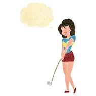 cartoon woman playing golf with thought bubble