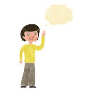 cartoon friendly boy waving with thought bubble