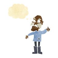 cartoon angry old man in patched clothing with thought bubble