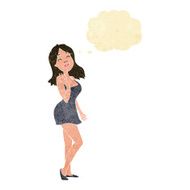 cartoon pretty woman in cocktail dress with thought bubble