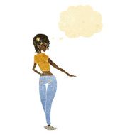 cartoon pretty girl in jeans and tee with thought bubble N2