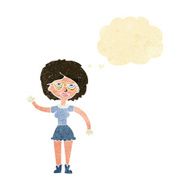 cartoon waving woman wearing spectacles with thought bubble N2