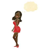 cartoon pretty woman in cocktail dress with thought bubble N2