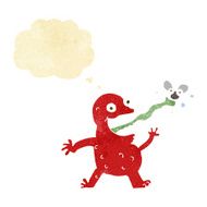 cartoon frog catching fly with thought bubble