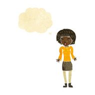 cartoon woman shrugging shoulders with thought bubble N39