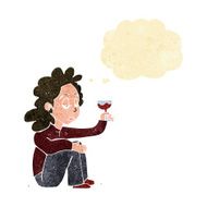 cartoon unhappy woman with glass of wine thought bubble