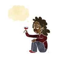 cartoon unhappy woman with glass of wine thought bubble N2