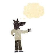 cartoon pointing wolf man with thought bubble