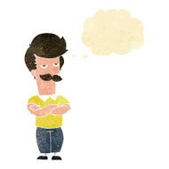 cartoon mustache muscle man with thought bubble