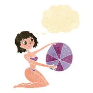 cartoon bikini girl with beach ball thought bubble