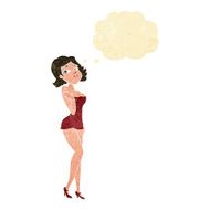 cartoon attractive woman in short dress with thought bubble