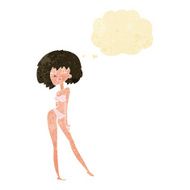 cartoon woman in bikini with thought bubble