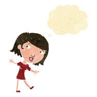 cartoon happy girl gesturing to follow with thought bubble N2