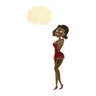 cartoon attractive woman in short dress with thought bubble N2