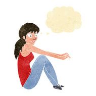 cartoon happy woman sitting with thought bubble