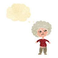 cartoon annoyed old woman with thought bubble N4