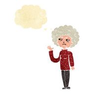 cartoon annoyed old woman waving with thought bubble N2