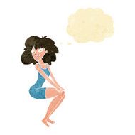 cartoon sitting woman in dress with thought bubble