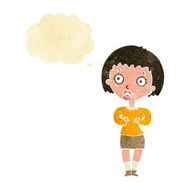 cartoon woman making Who Me? gesture with thought bubble N7
