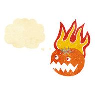 cartoon flaming pumpkin with thought bubble