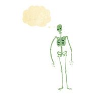 cartoon spooky skeleton with thought bubble