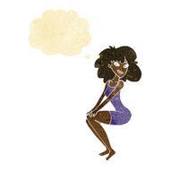 cartoon sitting woman in dress with thought bubble N2