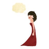 cartoon woman pulling photo face with thought bubble