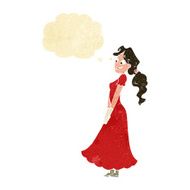 cartoon pretty woman in dress with thought bubble