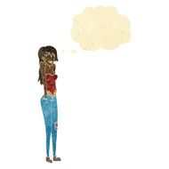 cartoon pretty woman shrugging shoulders with thought bubble N2