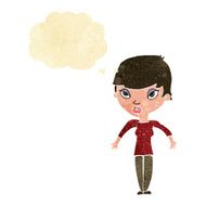 cartoon woman shrugging shoulders with thought bubble N42