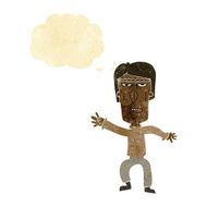 cartoon angry man waving warning with thought bubble