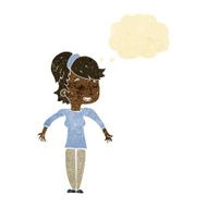 cartoon friendly woman shrugging shoulders with thought bubble