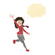 cartoon woman waving dressed for winter with thought bubble