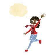 cartoon woman waving dressed for winter with thought bubble N2