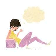 cartoon woman leaning on package box with thought bubble