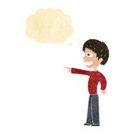 cartoon grinning boy pointing with thought bubble