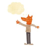 cartoon waving fox with thought bubble