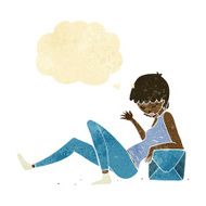 cartoon woman leaning on package box with thought bubble N2