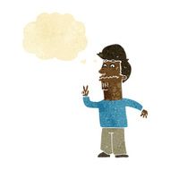 cartoon man giving peace sign with thought bubble N3