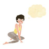 cartoon happy woman sitting on floor with thought bubble N3