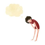 cartoon woman looking at her feet with thought bubble