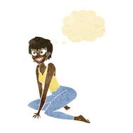 cartoon happy woman sitting on floor with thought bubble N4