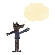cartoon waving wolf with thought bubble