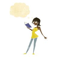 cartoon woman reading book with thought bubble N2