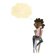cartoon woman posing on chair with thought bubble
