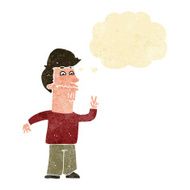 cartoon man giving peace sign with thought bubble N4